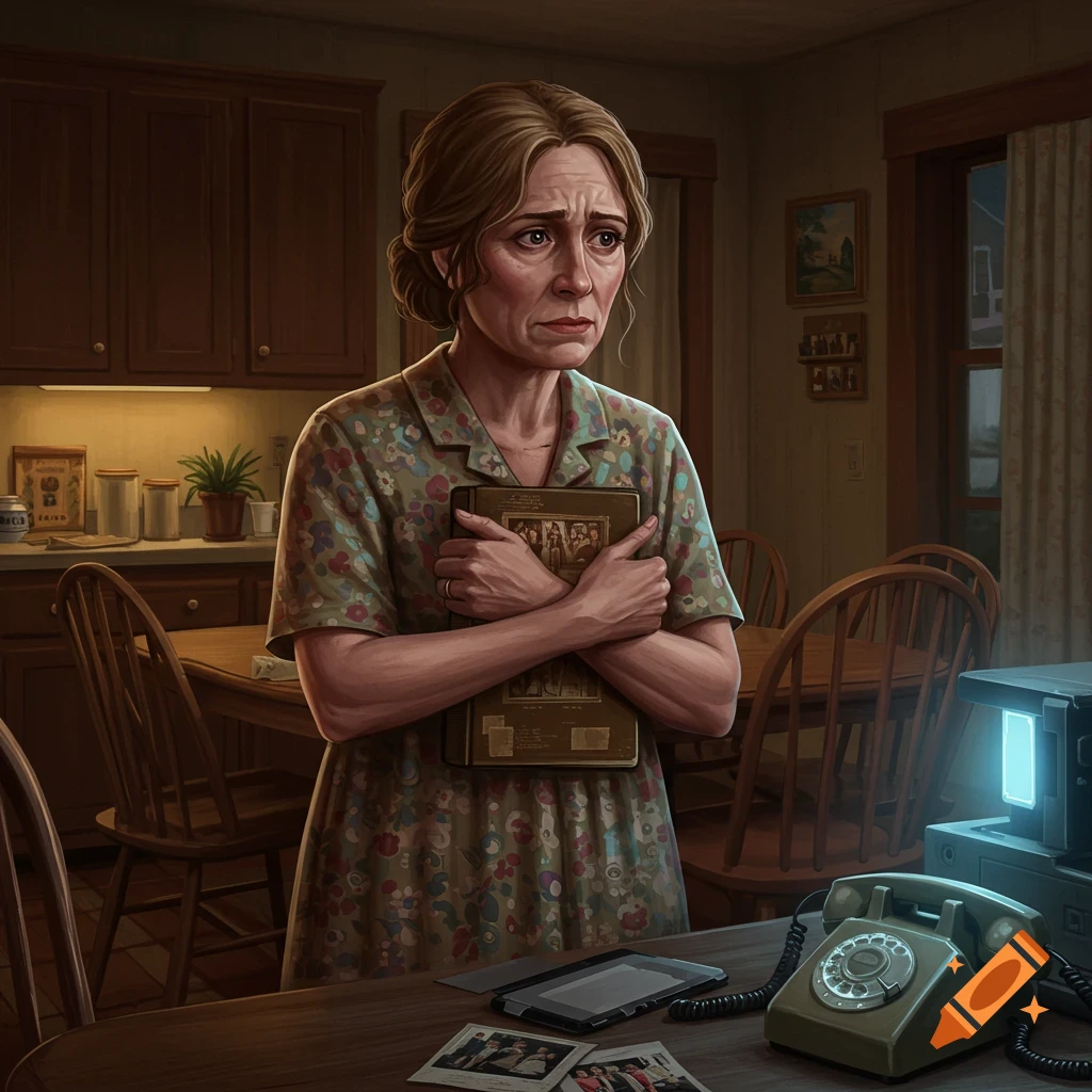 A worried woman in a kitchen is holding a photo album.