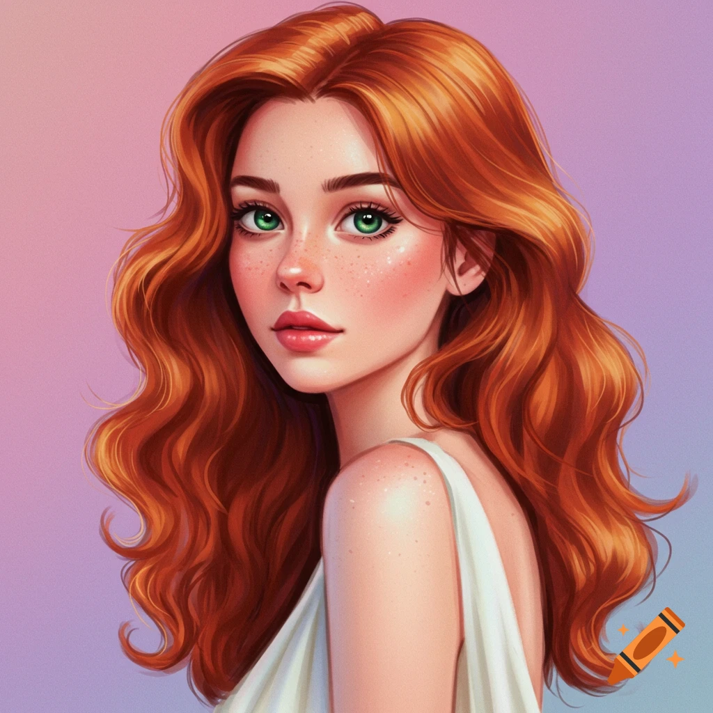 A portrait of a young woman with striking red hair, a scattering of freckles across her face, and captivating green eyes. She is wearing a simple white dress.