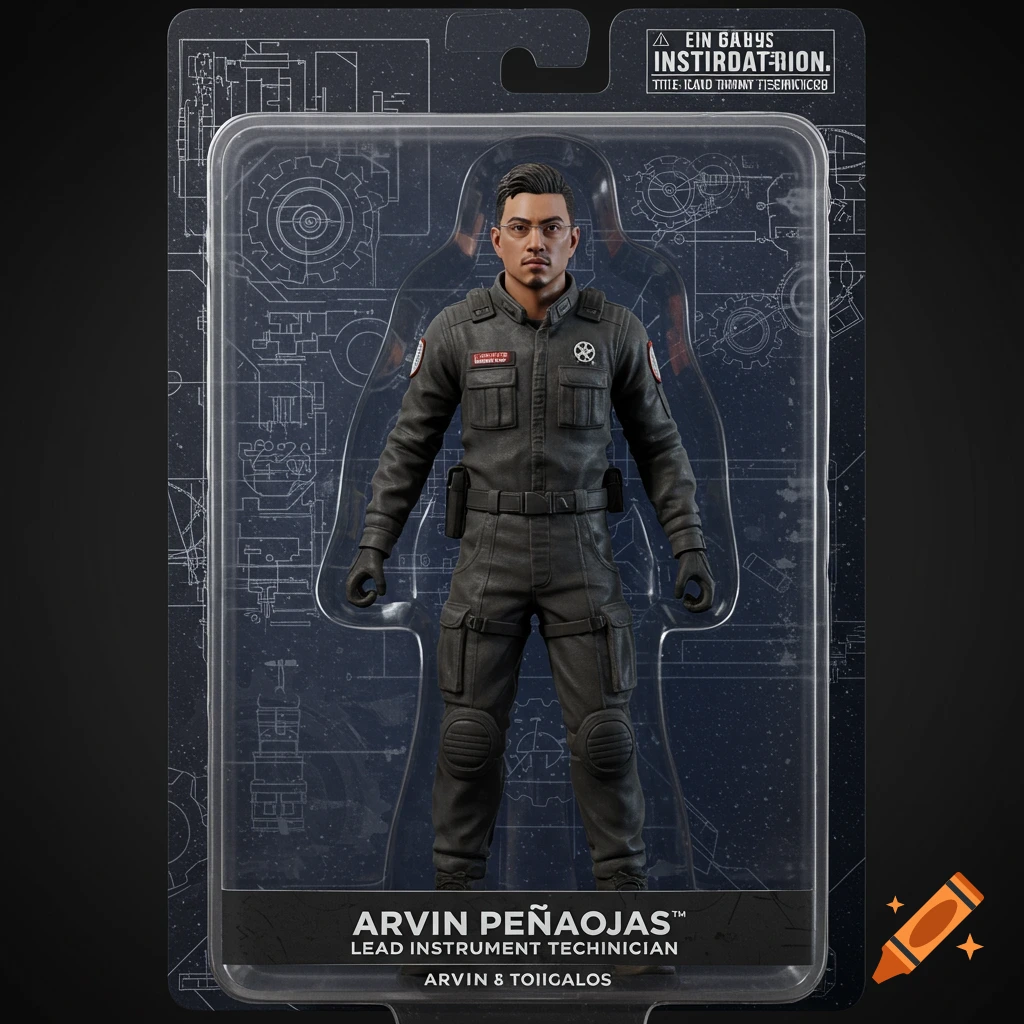 Action figure in clear packaging with blueprint background. The figure wears a dark gray uniform.