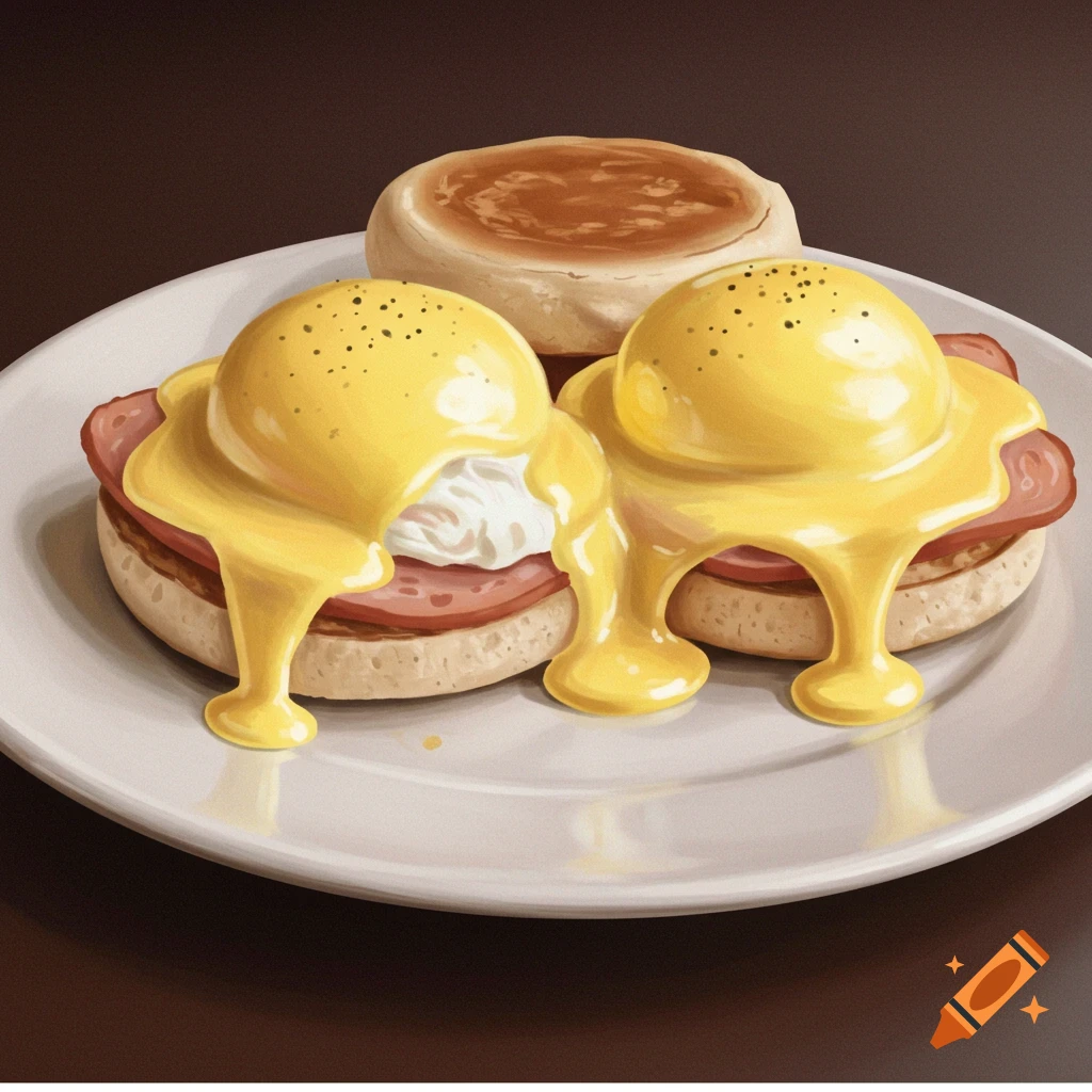 Two eggs benedict halves are on a plate with a muffin in the background.