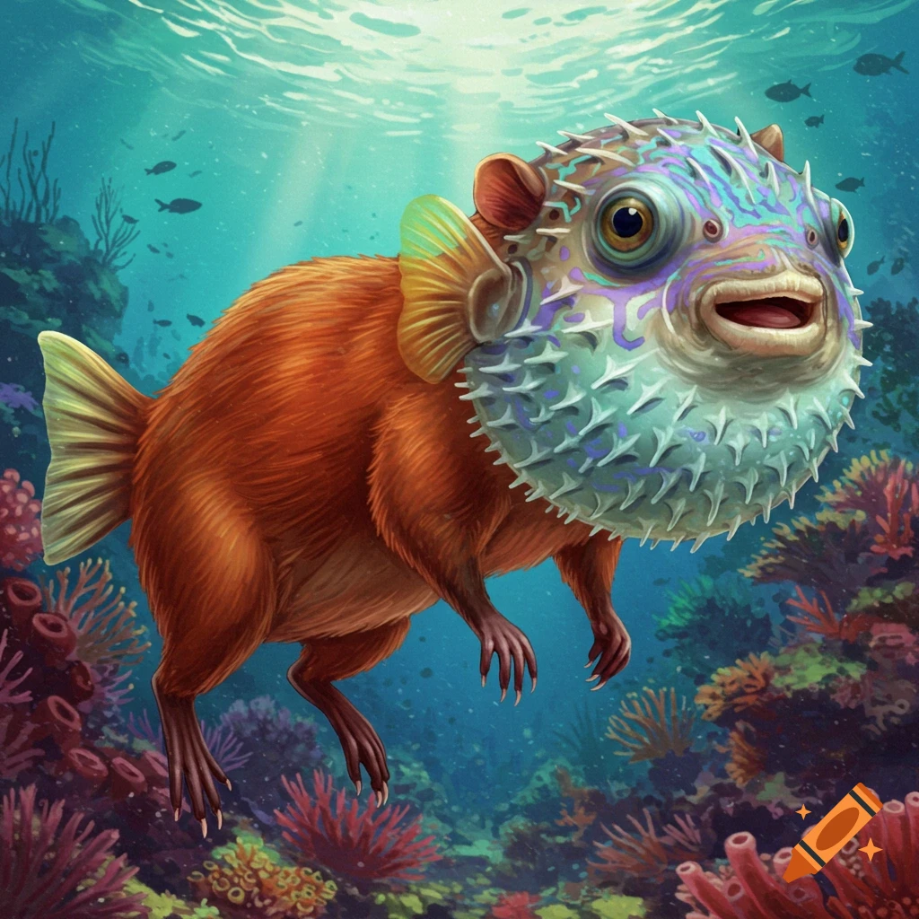 A hybrid creature, part mammal, part pufferfish, is swimming among coral reefs.