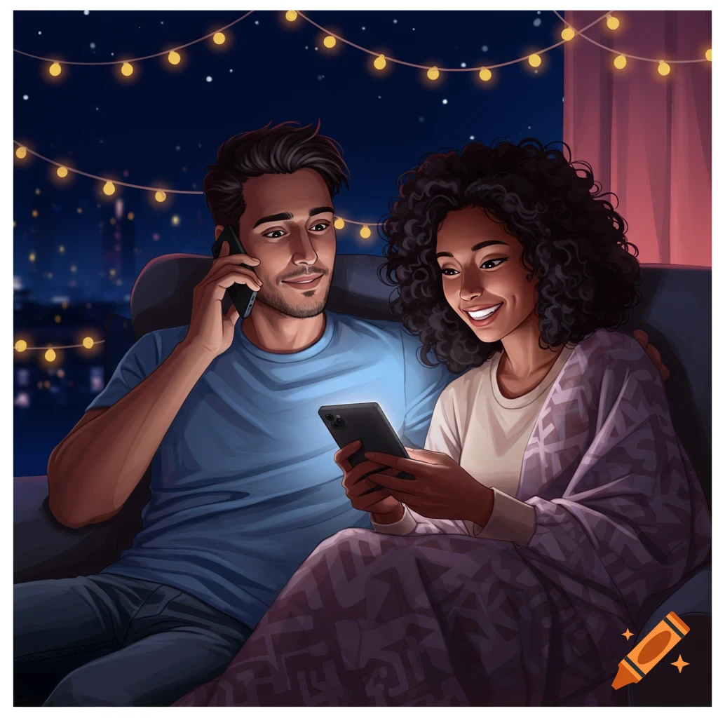 A couple looking at phones on a couch at night with string lights.