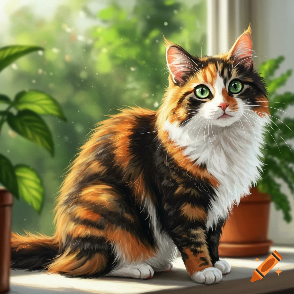 A calico cat sitting on a windowsill.