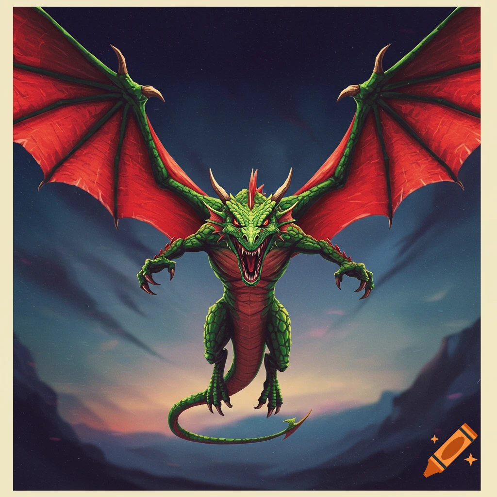 A green and red dragon flies towards the viewer in a cloudy sky with mountains below.