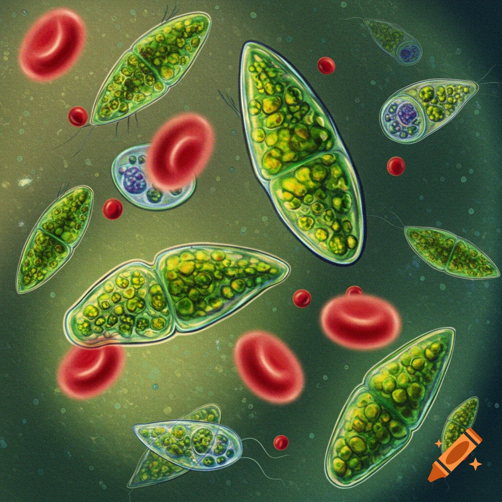 Green protozoa and red blood cells seen under a microscope.