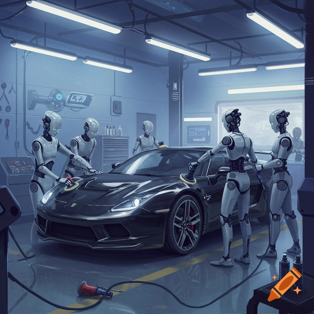 Humanoid robots detailing a black car in a garage