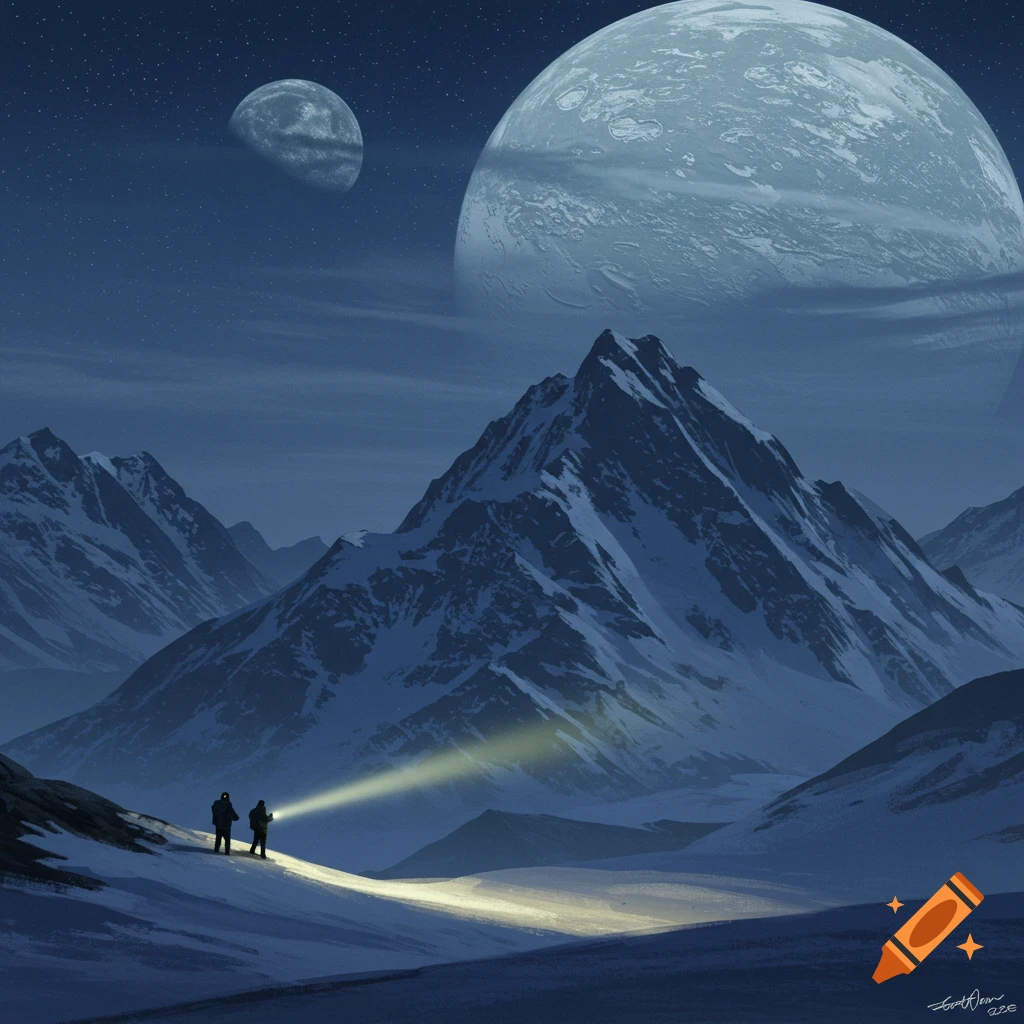 Two figures with a flashlight on a snowy mountain under large moons and stars.