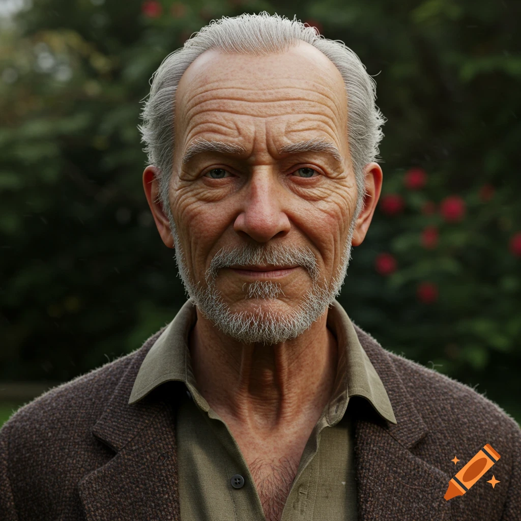 Detailed portrait of an older man with gray hair and beard wearing a jacket.