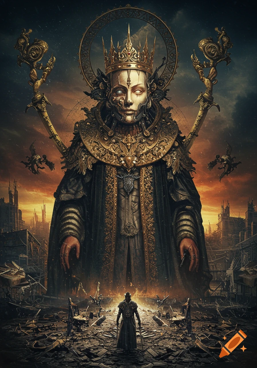 Towering neo-gothic machine monarch in a dark fantasy wasteland.
