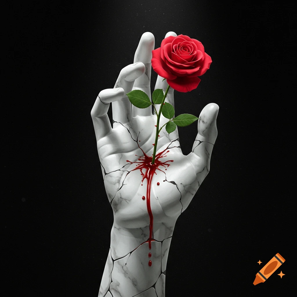 A cracked white marble hand holds a red rose, bleeding from the stem piercing its palm.