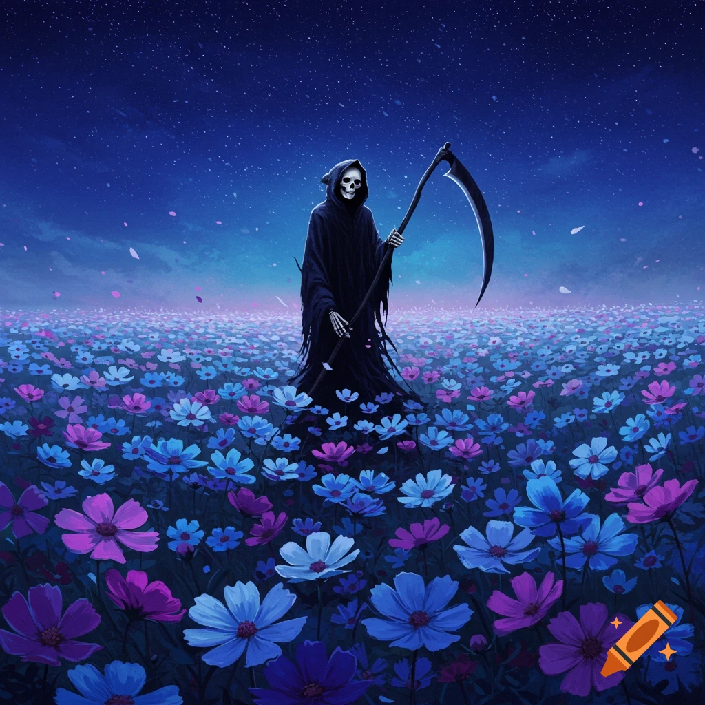Grim Reaper standing in a field of blue and purple flowers under a starry sky.