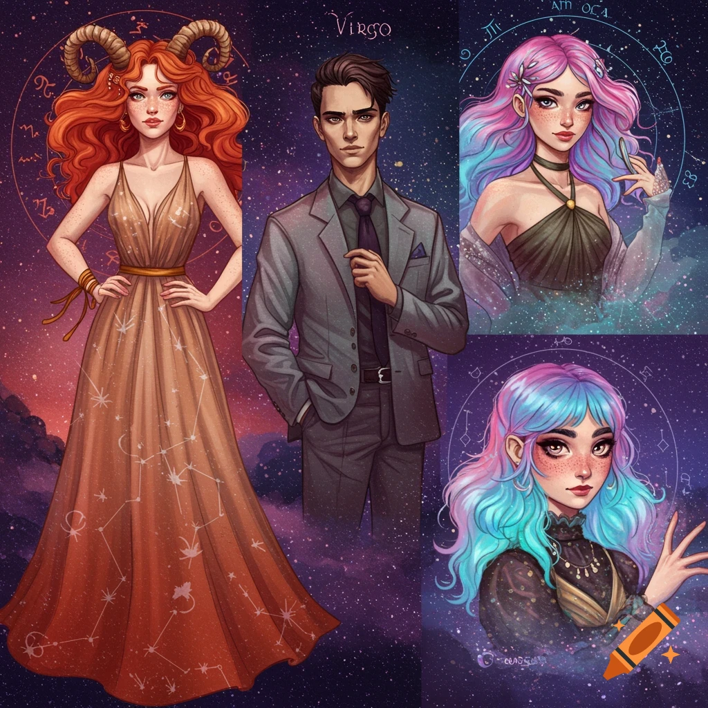 Illustration of four characters representing zodiac signs against a starry, astrological background.
