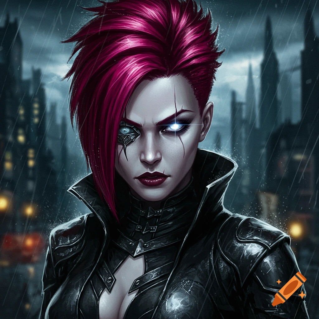 A female character with red hair and a metal eye in a rainy city.