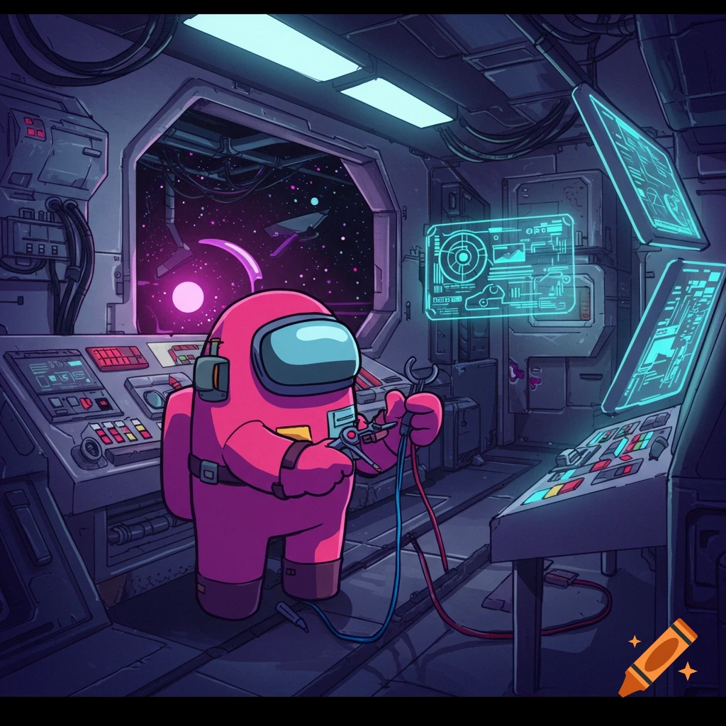 Pink Among Us character works on controls in a spaceship cockpit.
