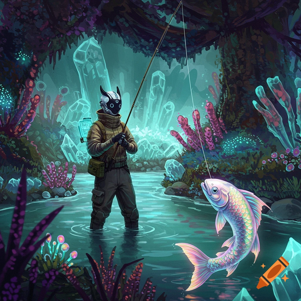 A person is fishing in a glowing cave filled with crystals.