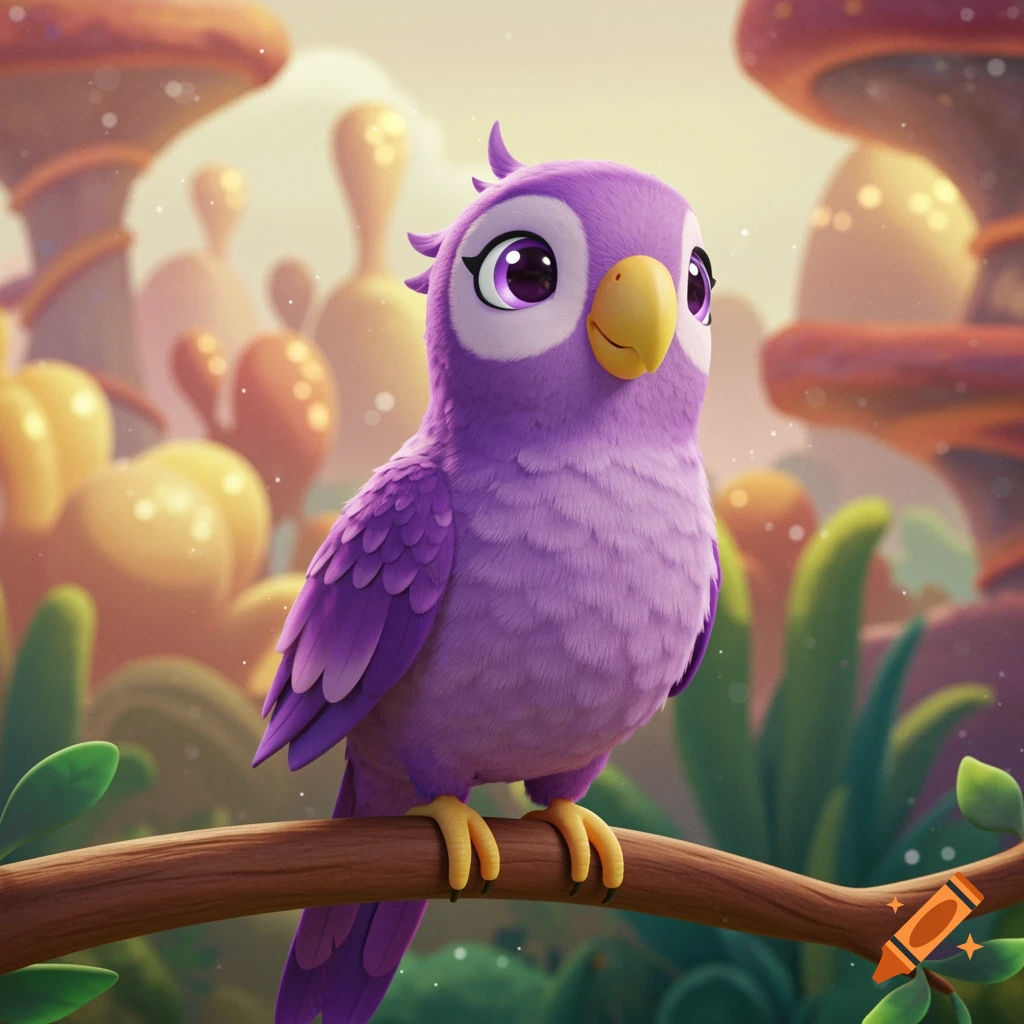 Stylized purple parrot on a branch in a vibrant fantasy landscape, animation style