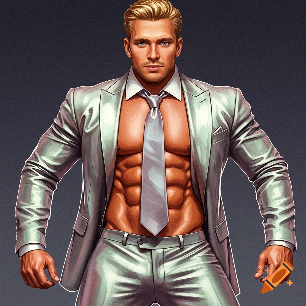 Muscular man in a suit with bare chest.