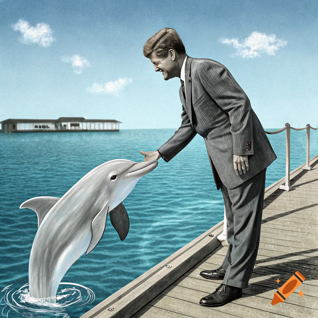 Textured illustration of a man resembling JFK reaching out to a dolphin jumping from the water next to a pier.