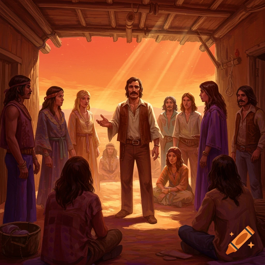 A man speaking to a group of people seated and standing in a sunlit wooden shelter in a desert landscape.