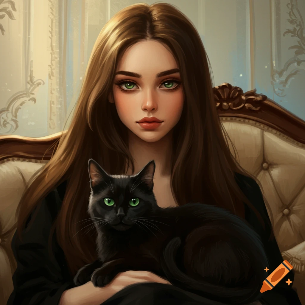 Portrait of a green-eyed woman holding a black cat.
