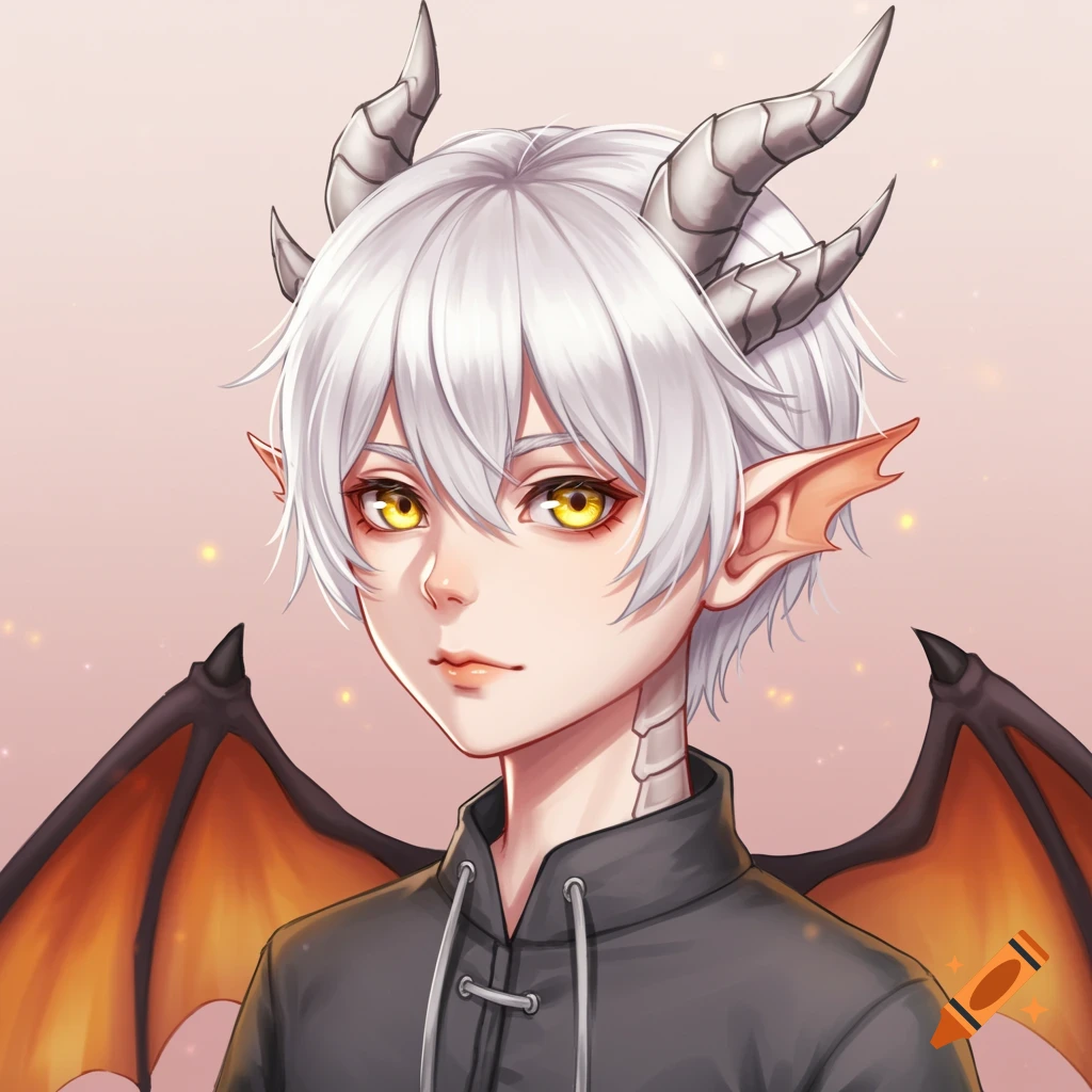 Anime portrait of a white-haired dragon boy with yellow eyes, horns, and wings.