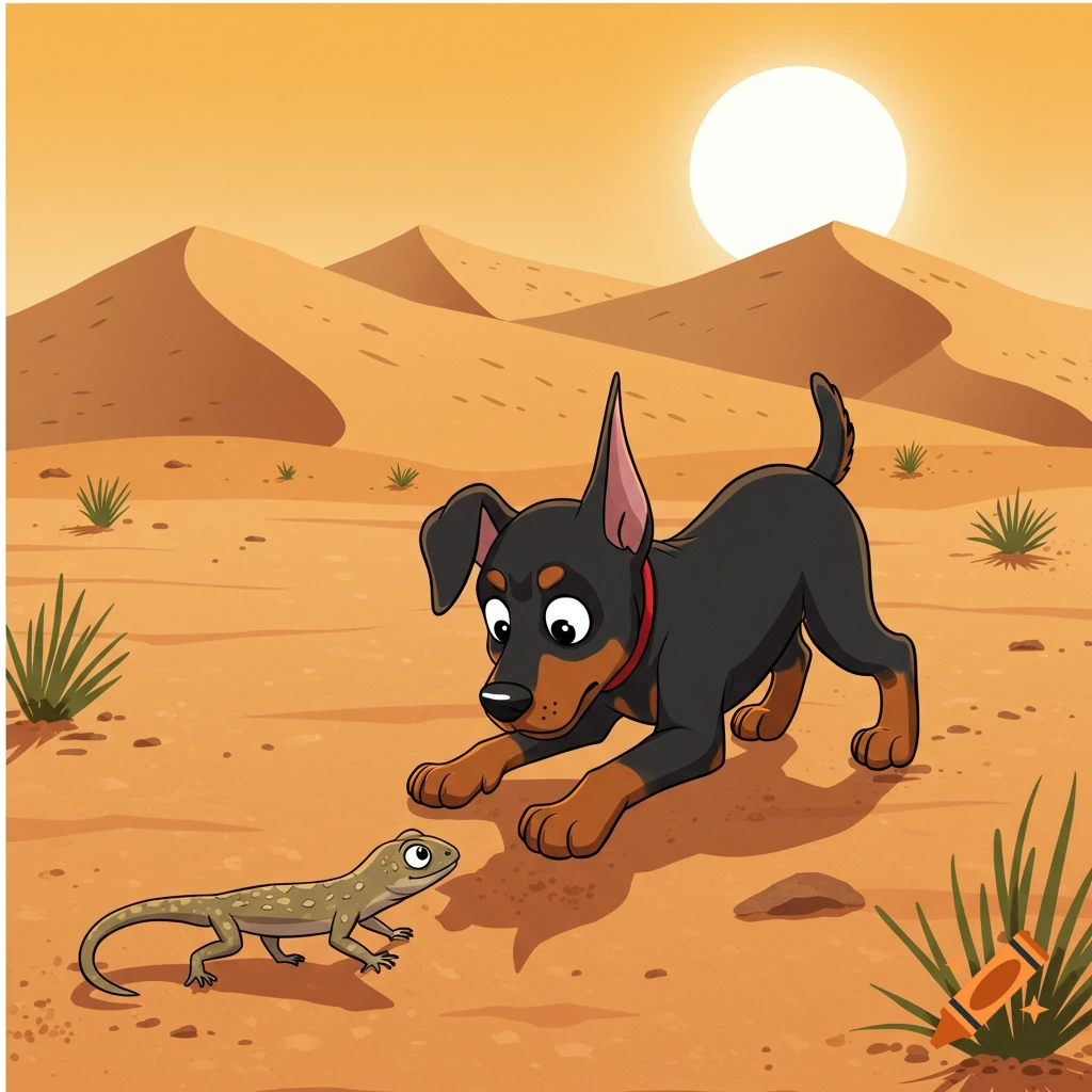 Cartoon Doberman puppy watching a lizard in the desert.