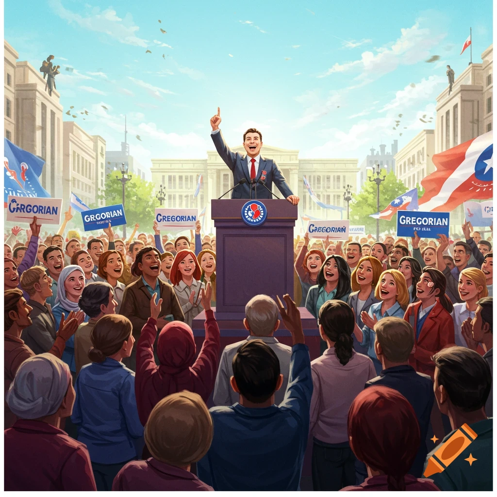 A political speaker at a podium addressing a cheering crowd holding signs and flags in front of buildings.