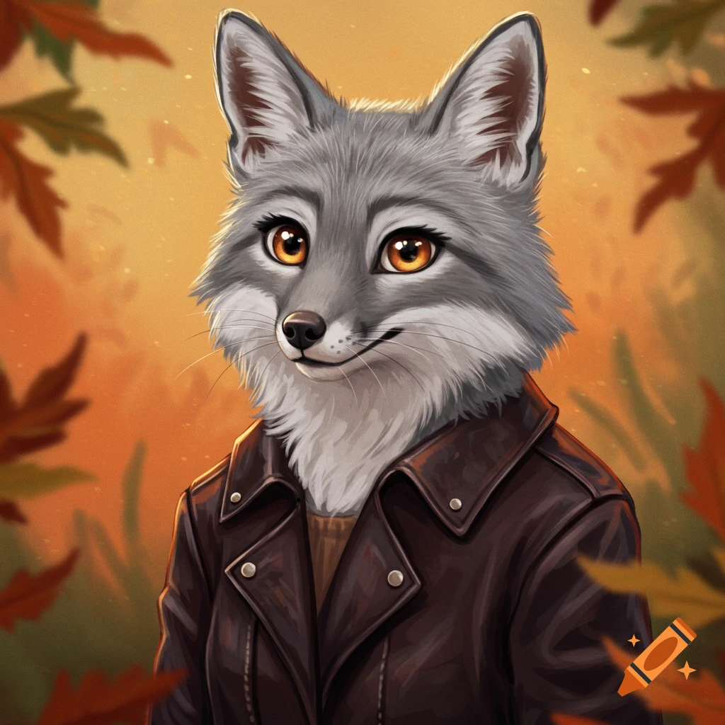 A grey fox wearing a brown leather jacket, framed by autumn leaves