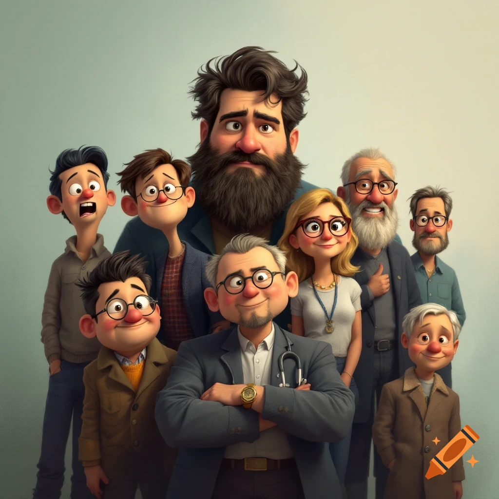 Group of diverse cartoon characters posing, 3D animation style