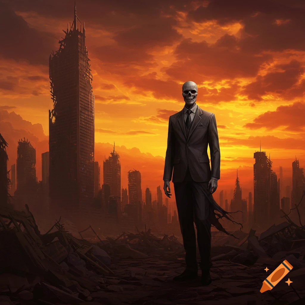 A skeleton in a suit stands in a ruined city under a dramatic orange sky.