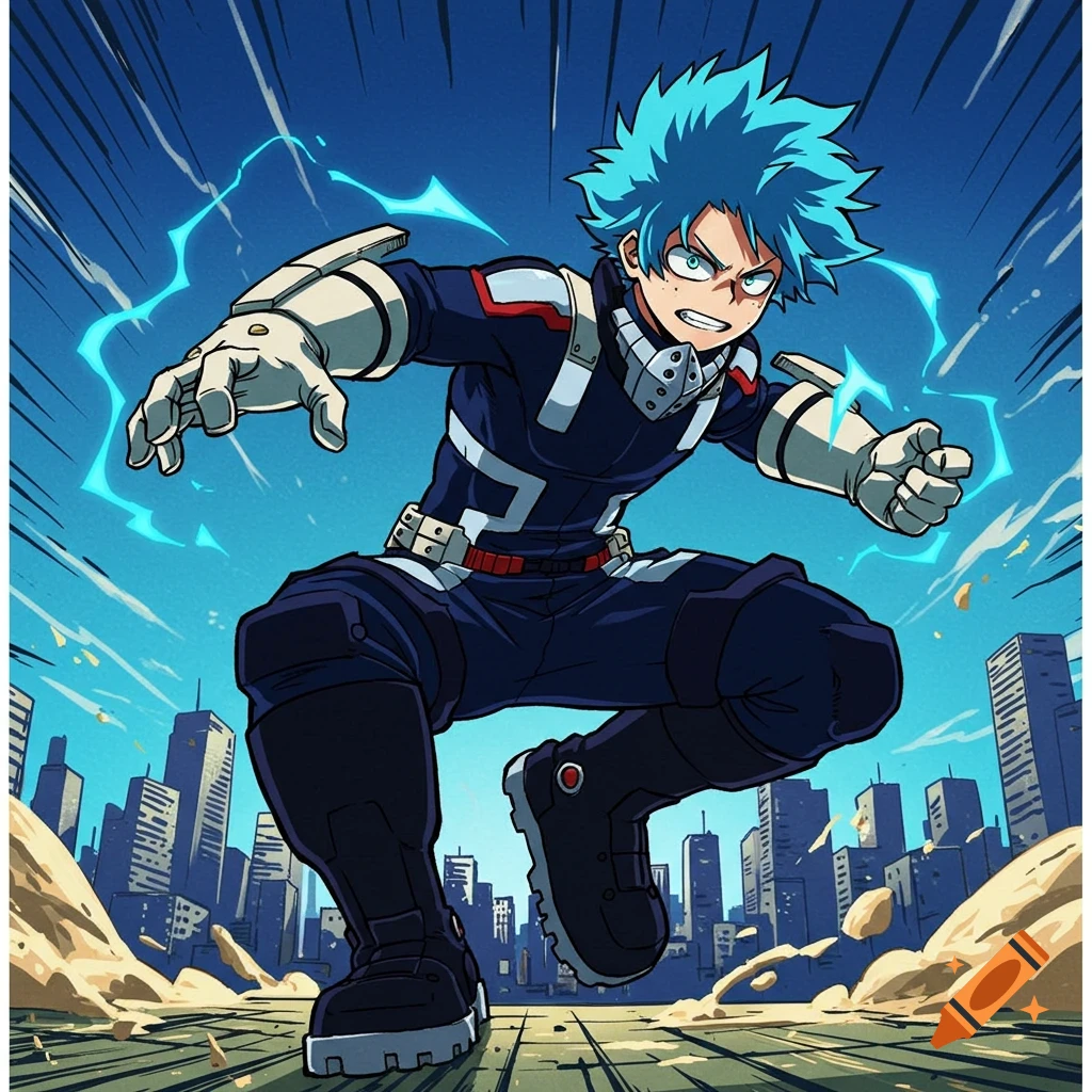 Anime character with blue hair leaps in action pose with lightning against a city background.