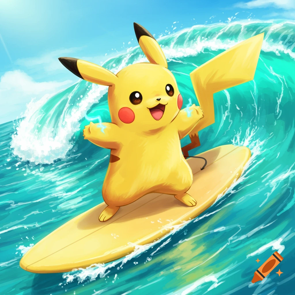 A cartoon Pikachu surfs on a yellow board on a turquoise wave under a sunny sky in a vibrant scene.
