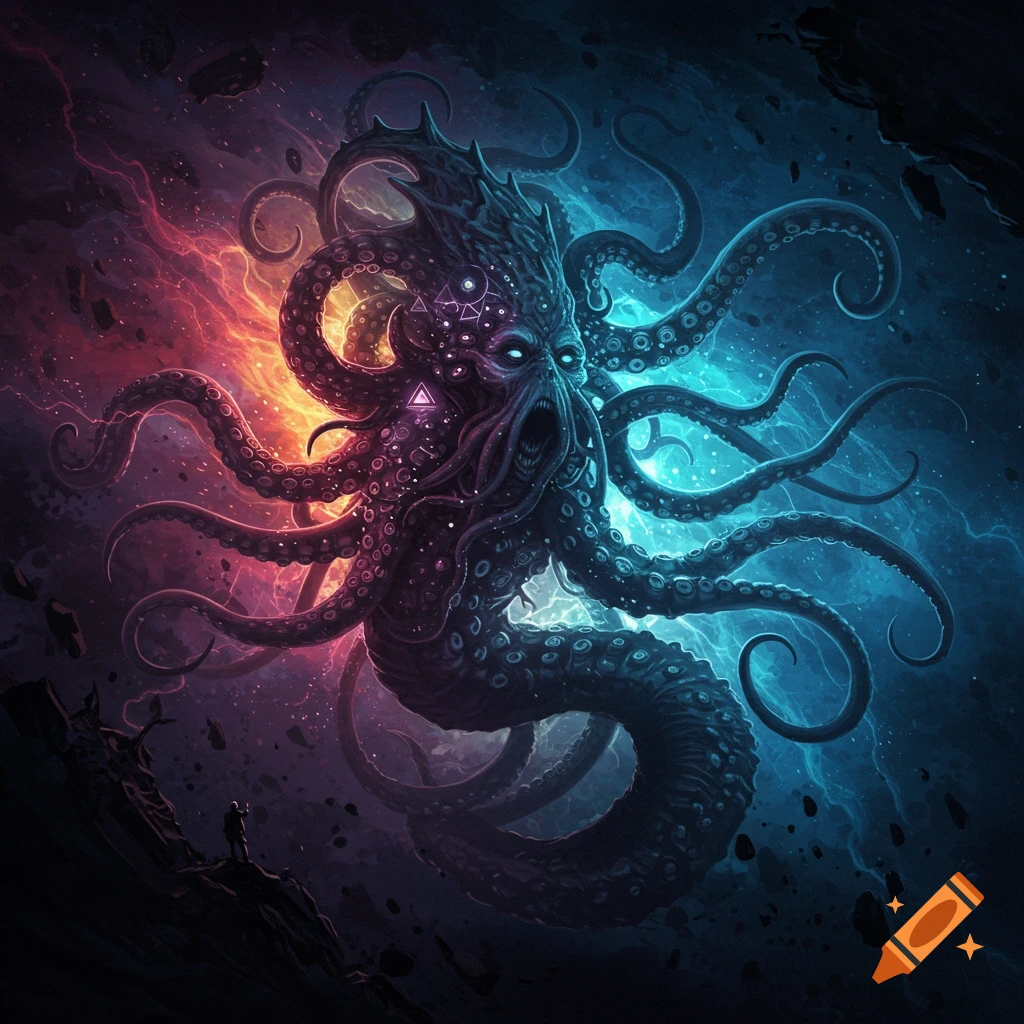 A large tentacled cosmic horror creature against a swirling red and blue cosmic background, with a tiny figure on a rock looking up.