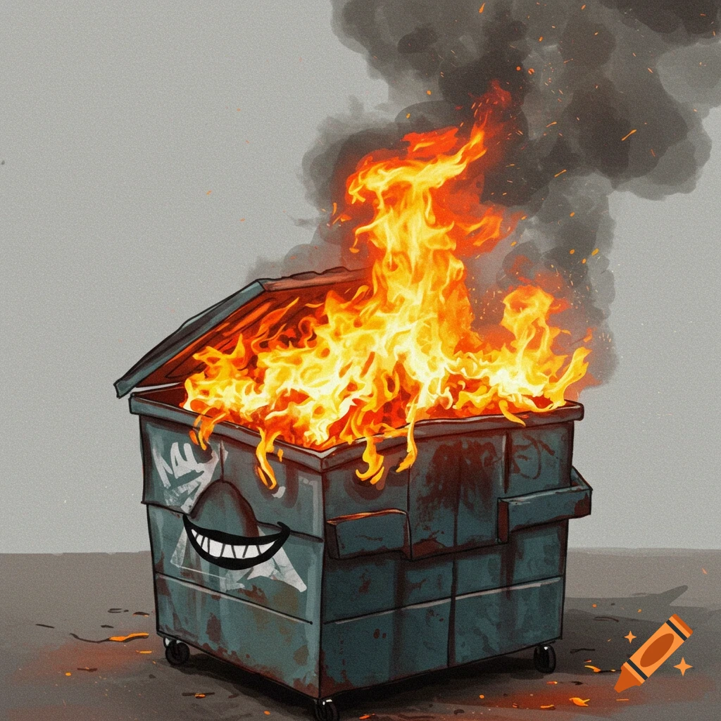 A dumpster on fire with a smiley face.