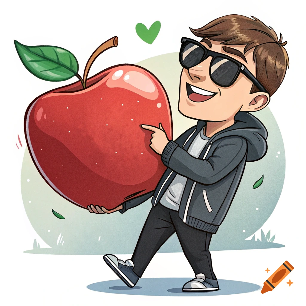 Cartoon character resembling MrBeast holding a large red apple and pointing at it.