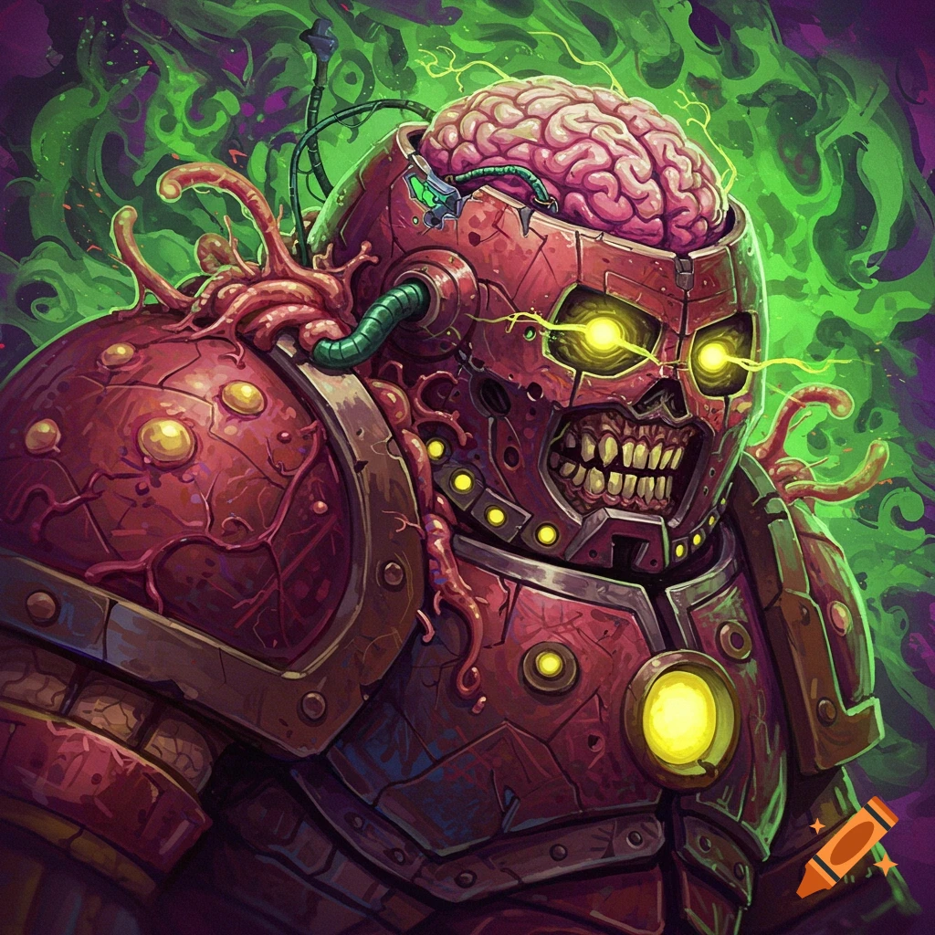 Grotesque sci-fi monster in armor with exposed brain and glowing eyes.
