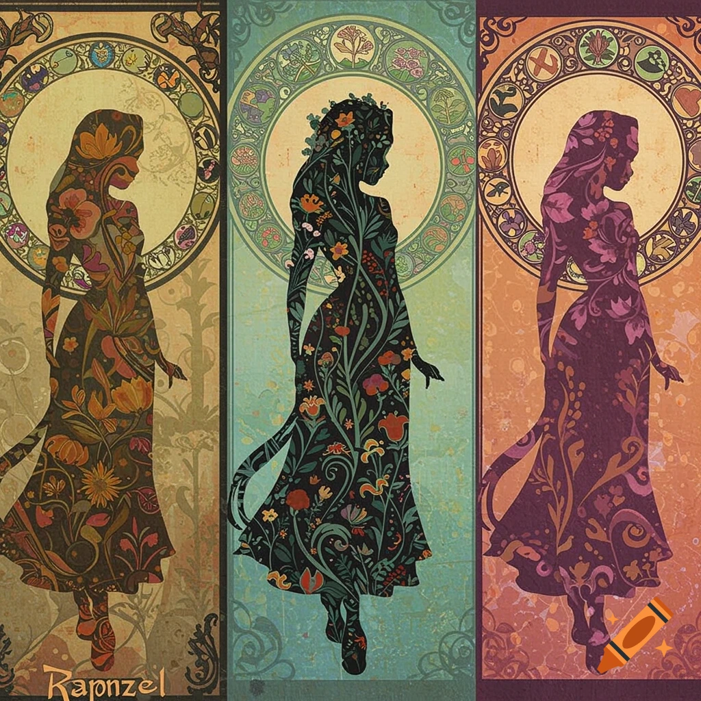 Three panels show Rapunzel's silhouette filled with floral patterns, in Art Nouveau, Art Deco styles, against colorful backgrounds.