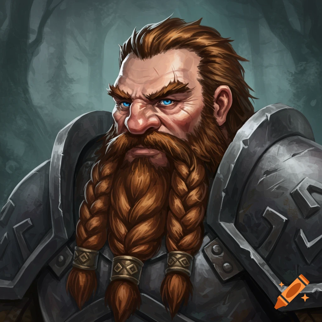 A fierce dwarf in armor with braided beard.