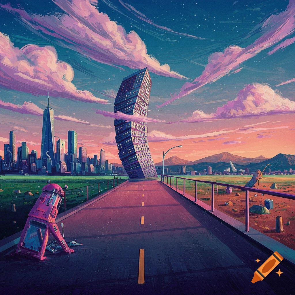 Surreal image of a bent skyscraper on a road with a city skyline, mountains, broken robot under a vibrant pink and purple sky.