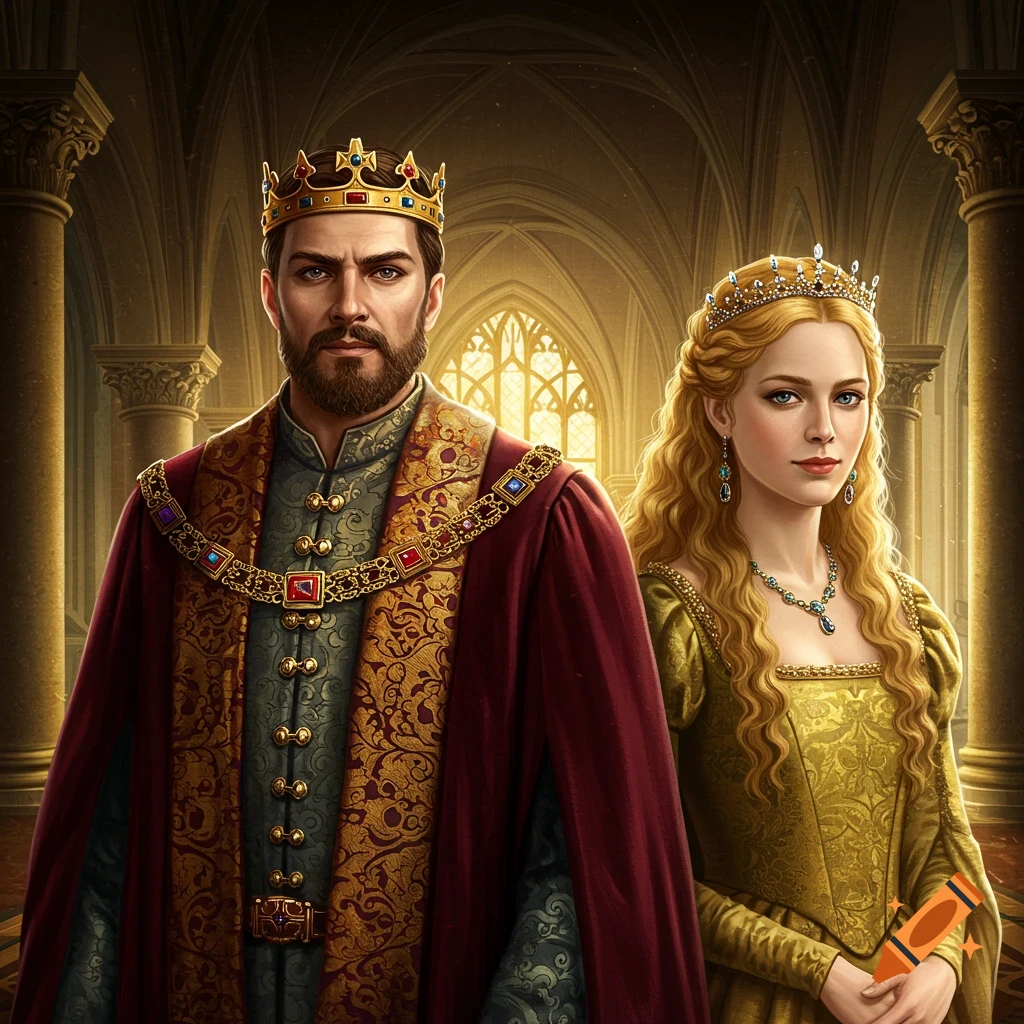 A king and queen in ornate robes and crowns standing in a grand hall.