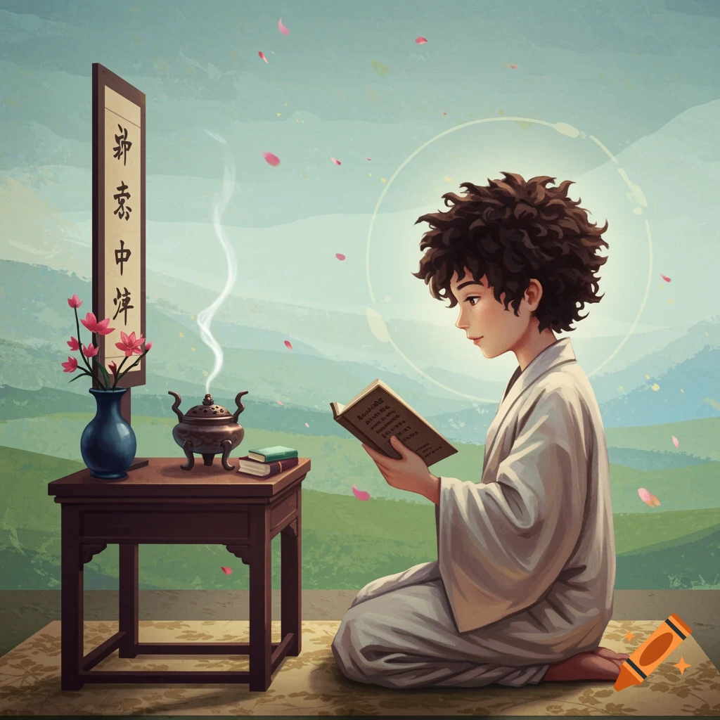 A young boy reading a book by a Zen altar with incense and flowers, landscape background.