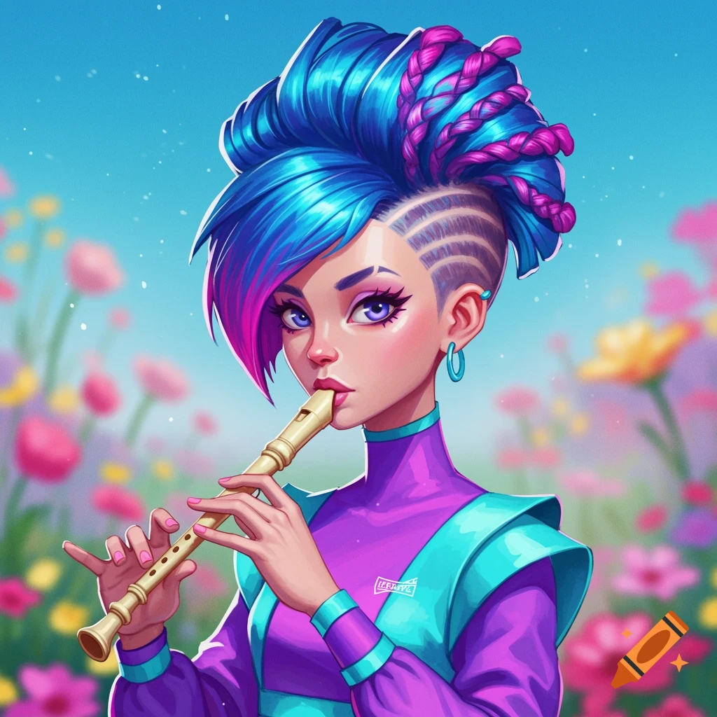 A girl with blue and pink hair plays a recorder in a flower field.