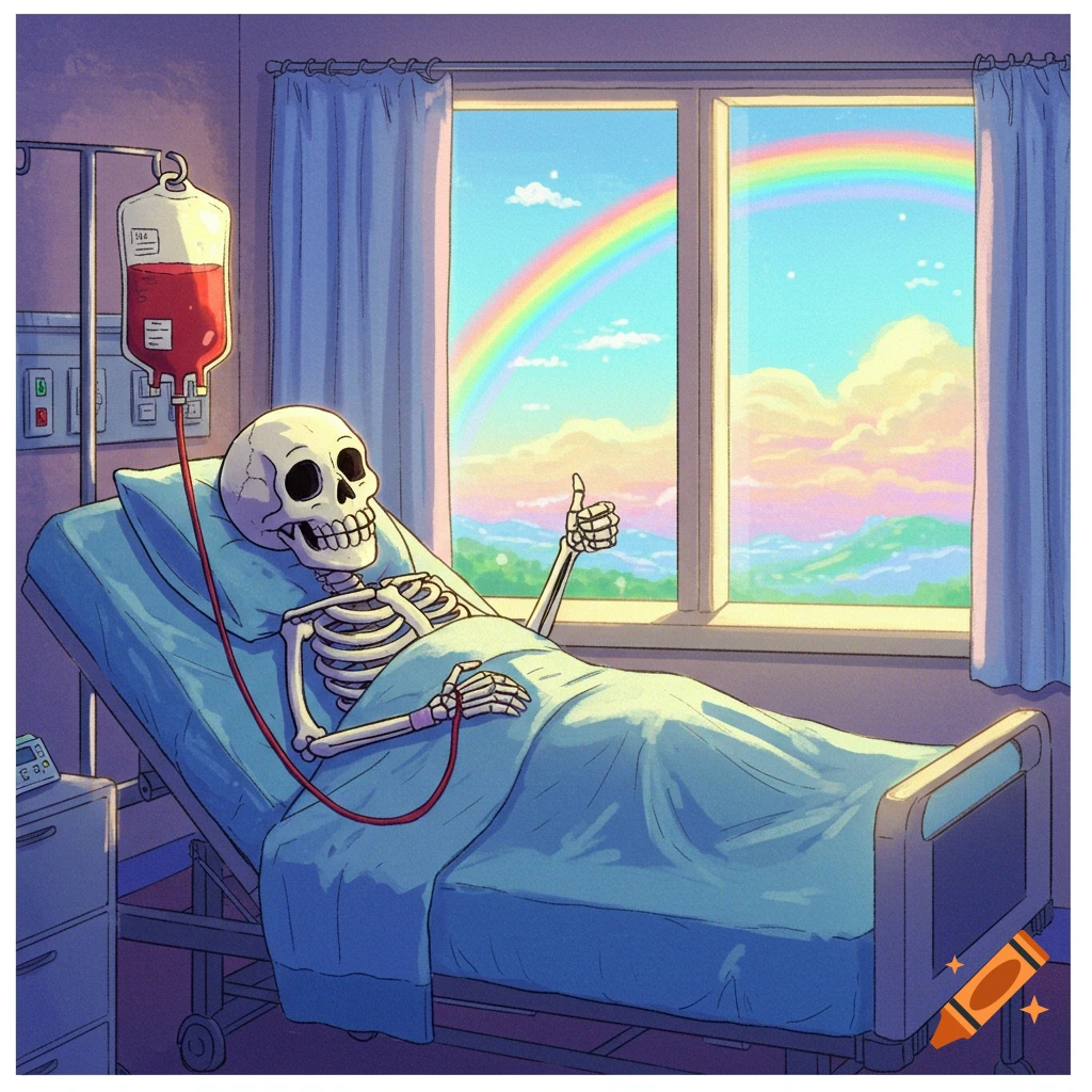 A cartoon skeleton in a hospital bed giving a thumbs up with a blood transfusion and a rainbow outside the window.