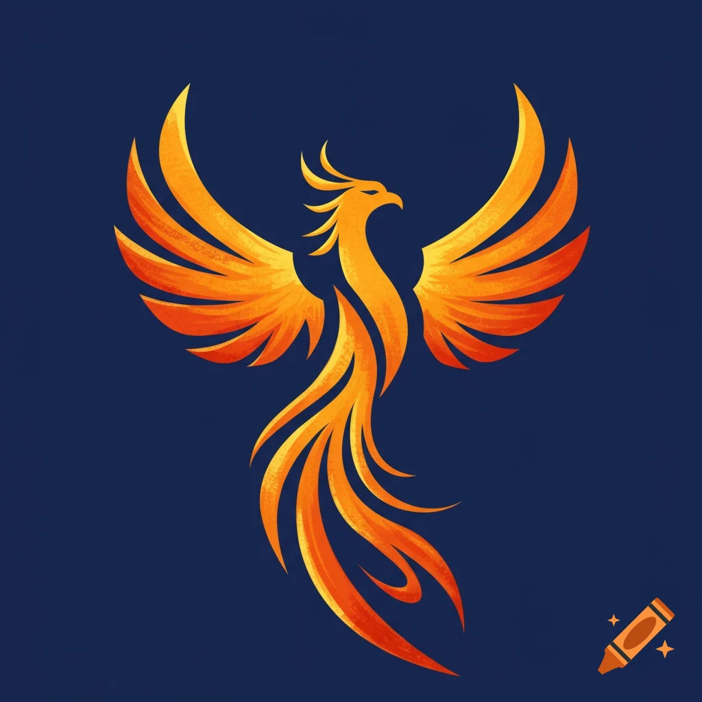 Stylized orange and yellow phoenix logo on a dark blue background.
