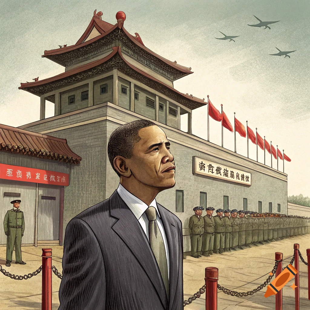 An illustration of Barack Obama in a suit standing in front of a large Chinese-style gate with soldiers and flags.