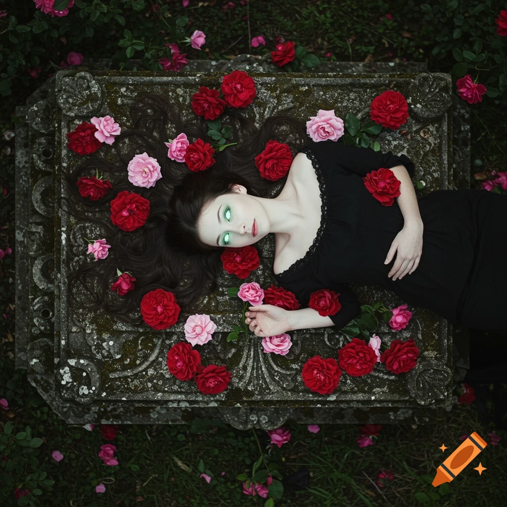 Top-down photo of a girl with glowing green eyes lying on a mossy stone covered in red and pink roses.