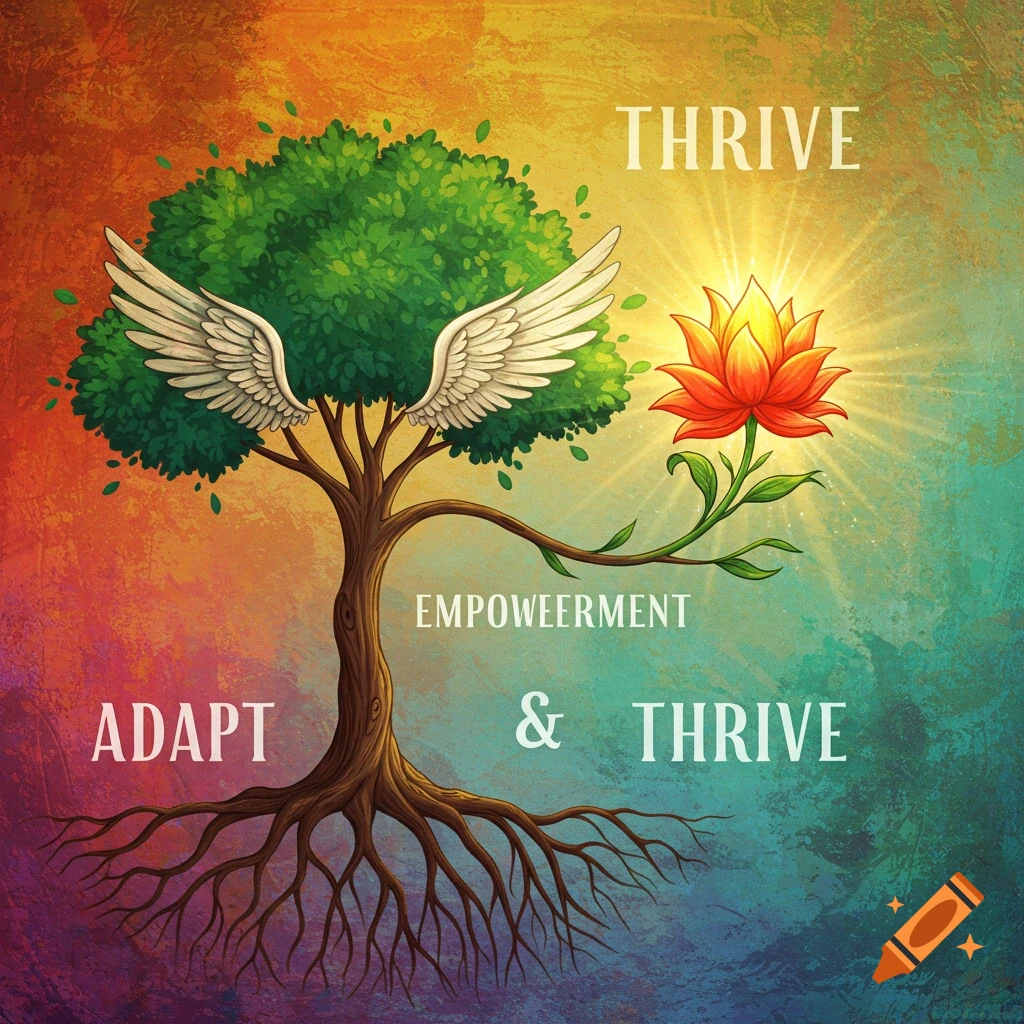 A winged tree with strong roots and a glowing lotus flower, with the text 'THRIVE', 'EMPOWEERMENT', 'ADAPT', and '& THRIVE'.