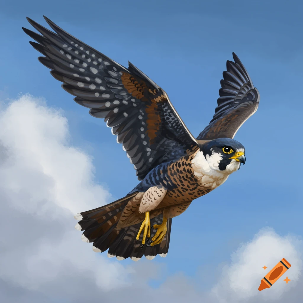 A falcon with its wings spread, flying against a blue sky with clouds.