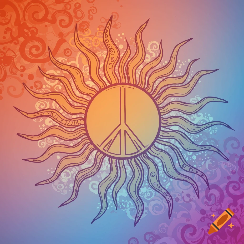 A colorful image of a sun with a peace symbol in the center, surrounded by swirling patterns.