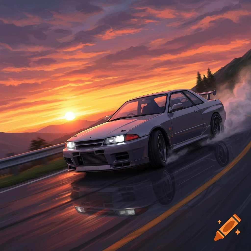 Grey Nissan Skyline drifting on a wet road at sunset.